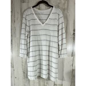 Eileen Fisher Organic Linen Top Medium V Neck White Gray Stripe 3/4 Sleeves READ